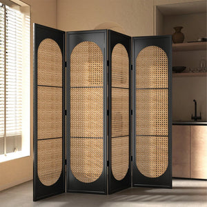 **4-Panel Black Solid Wood & Rattan Folding Room Divider**  Wooden Bazar