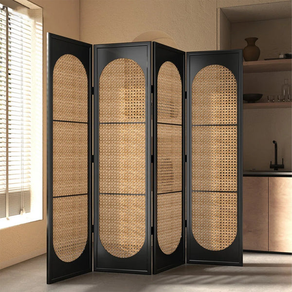 **4-Panel Black Solid Wood & Rattan Folding Room Divider**  Wooden Bazar