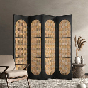 **4-Panel Black Solid Wood & Rattan Folding Room Divider**  Wooden Bazar