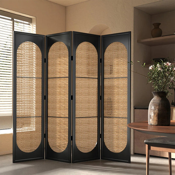 **4-Panel Black Solid Wood & Rattan Folding Room Divider**  Wooden Bazar