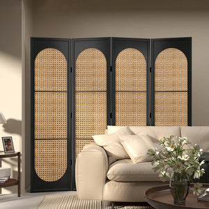 **4-Panel Black Solid Wood & Rattan Folding Room Divider**  Wooden Bazar