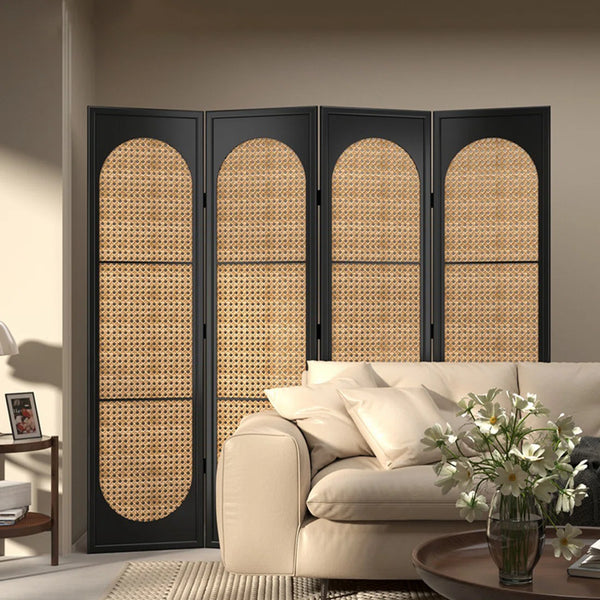 **4-Panel Black Solid Wood & Rattan Folding Room Divider**  Wooden Bazar