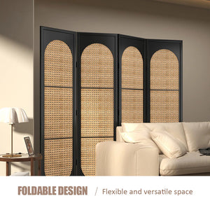 **4-Panel Black Solid Wood & Rattan Folding Room Divider**  Wooden Bazar