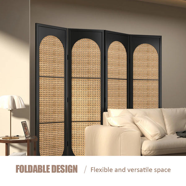 **4-Panel Black Solid Wood & Rattan Folding Room Divider**  Wooden Bazar
