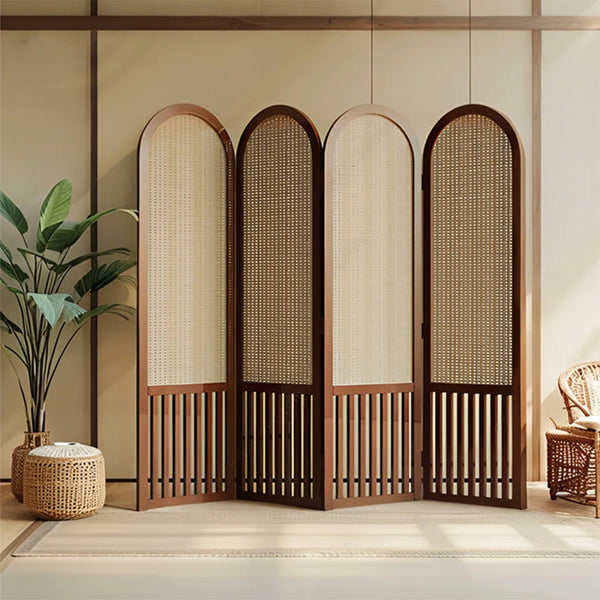 Nut-Brown Solid Wood and Rattan Folding Room Divider, Multi-Panel Privacy Screen  Wooden Bazar