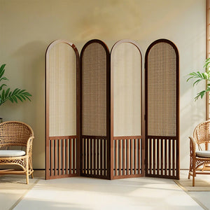 Nut-Brown Solid Wood and Rattan Folding Room Divider, Multi-Panel Privacy Screen  Wooden Bazar