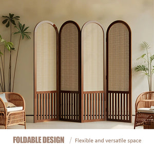 Nut-Brown Solid Wood and Rattan Folding Room Divider, Multi-Panel Privacy Screen  Wooden Bazar