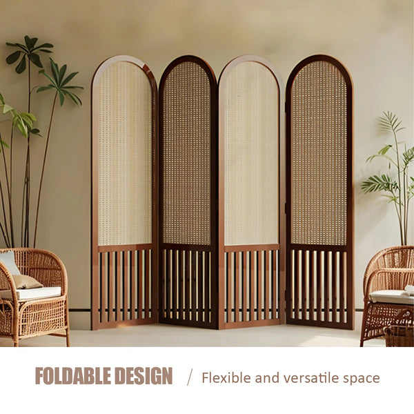 Nut-Brown Solid Wood and Rattan Folding Room Divider, Multi-Panel Privacy Screen  Wooden Bazar
