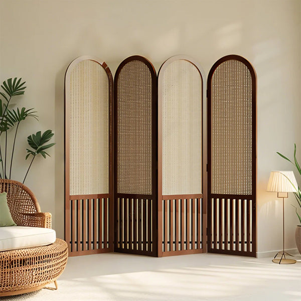 Nut-Brown Solid Wood and Rattan Folding Room Divider, Multi-Panel Privacy Screen  Wooden Bazar
