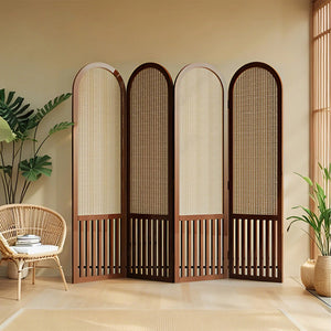 Nut-Brown Solid Wood and Rattan Folding Room Divider, Multi-Panel Privacy Screen  Wooden Bazar