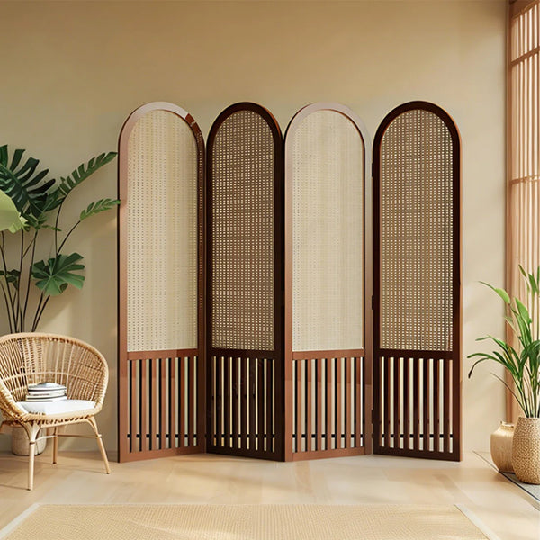 Nut-Brown Solid Wood and Rattan Folding Room Divider, Multi-Panel Privacy Screen  Wooden Bazar