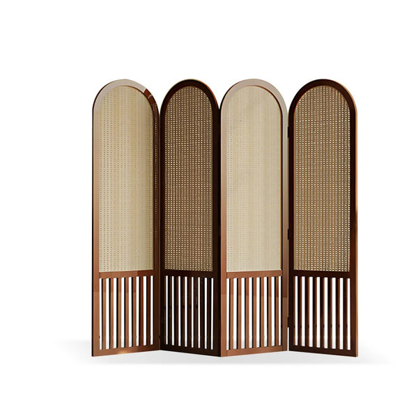 Nut-Brown Solid Wood and Rattan Folding Room Divider, Multi-Panel Privacy Screen  Wooden Bazar