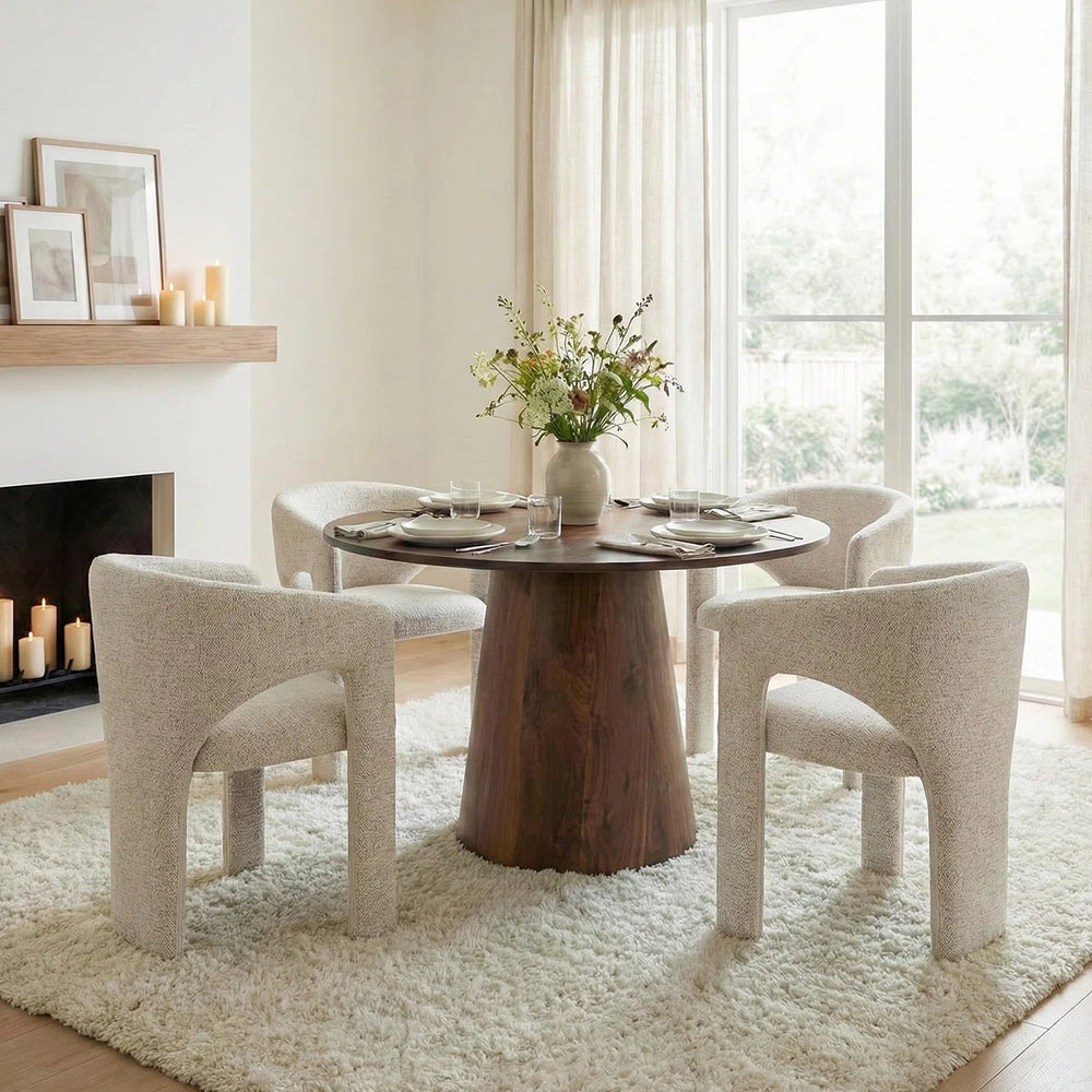 Modern Round Dining Set With 46" Pedestal Table & Upholstered Barrel Chairs