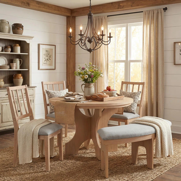 Clasico 5 Person Round Dining Table Set with Upholstered Chairs and Curved Bench