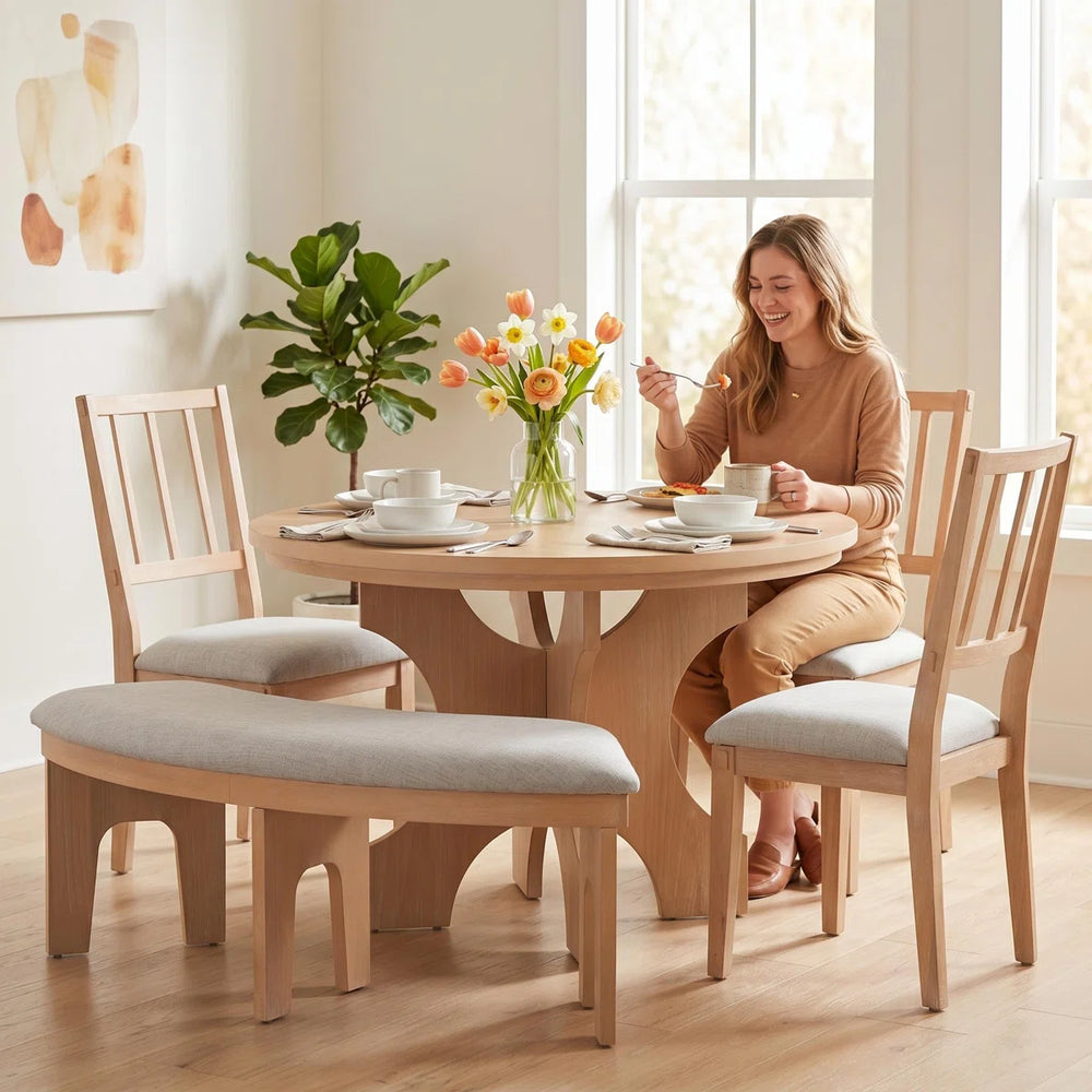 Clasico 5 Person Round Dining Table Set with Upholstered Chairs and Curved Bench