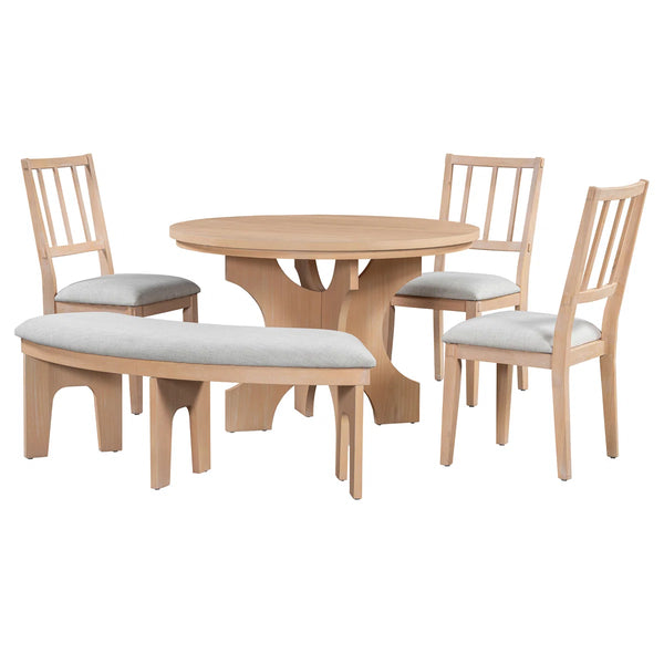 Clasico 5 Person Round Dining Table Set with Upholstered Chairs and Curved Bench