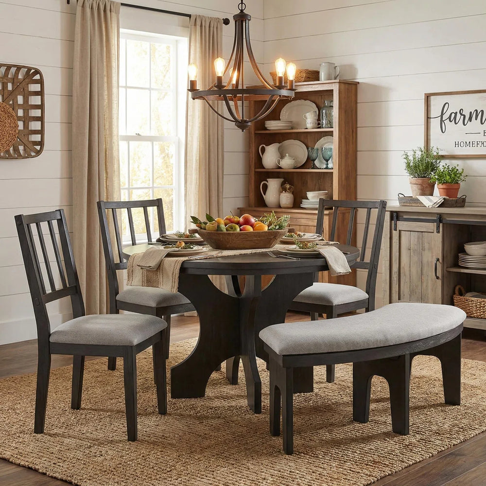 Clasico 5 Person Round Dining Table Set with Upholstered Chairs and Curved Bench