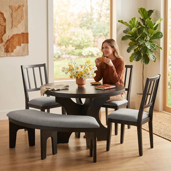 Clasico 5 Person Round Dining Table Set with Upholstered Chairs and Curved Bench