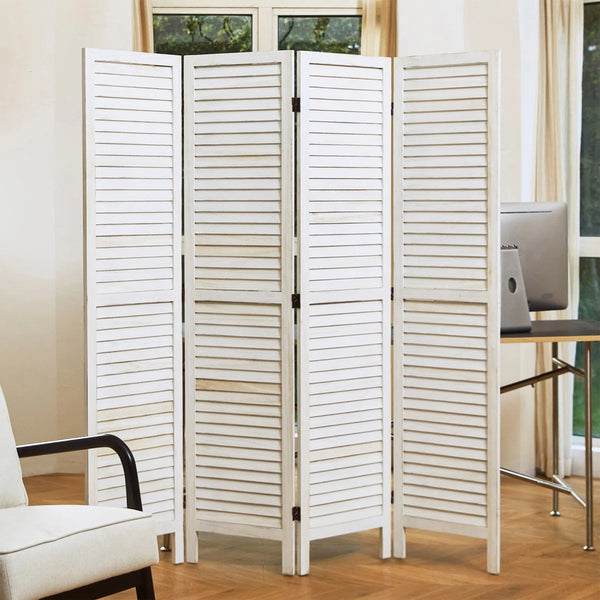 Folding Wood Room Divider with Louvered Panels and Double Hinges  Wooden Bazar