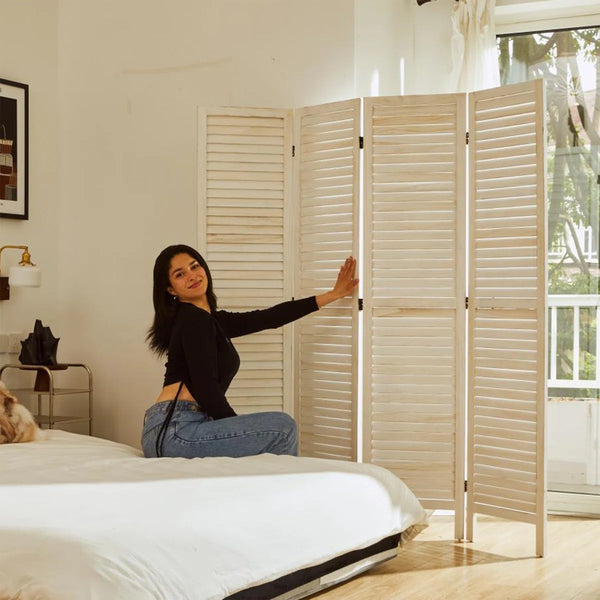 Folding Louvered Wood Room Divider with Double Hinges  Wooden Bazar