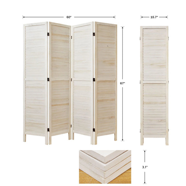 Folding Wood Room Divider with Louvered Panels and Double Hinges  Wooden Bazar