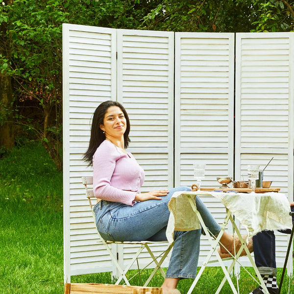 Folding Wood Room Divider with Louvered Panels and Double Hinges  Wooden Bazar
