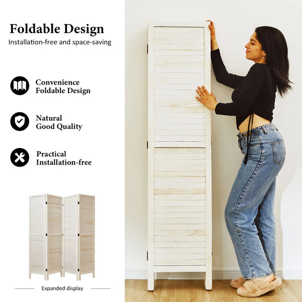 Folding Wood Room Divider with Louvered Panels and Double Hinges  Wooden Bazar