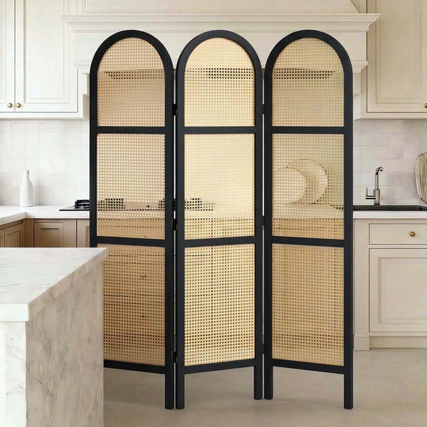 **5.6 ft. Pine Wood & Hand-Woven Rattan Japanese-Style Folding Room Divider**  Wooden Bazar