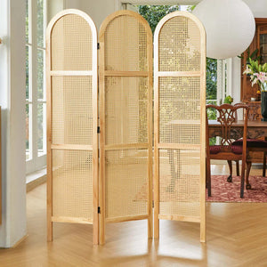 5.6 ft. Pine Wood & Hand-Woven Rattan Folding Room Divider  Wooden Bazar