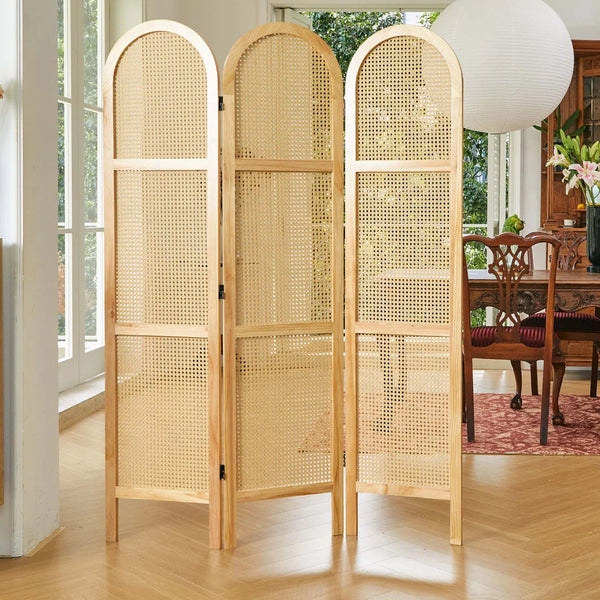 5.6 ft. Pine Wood & Hand-Woven Rattan Folding Room Divider  Wooden Bazar