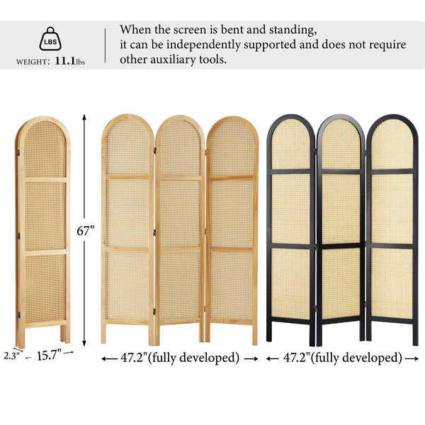 5.6 ft. Pine Wood & Hand-Woven Rattan Folding Room Divider  Wooden Bazar