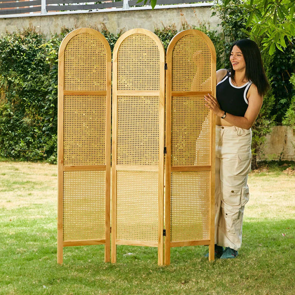 5.6 ft. Pine Wood & Hand-Woven Rattan Folding Room Divider  Wooden Bazar
