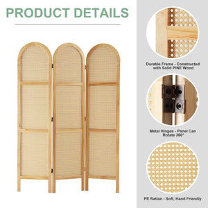 5.6 ft. Pine Wood & Hand-Woven Rattan Folding Room Divider  Wooden Bazar