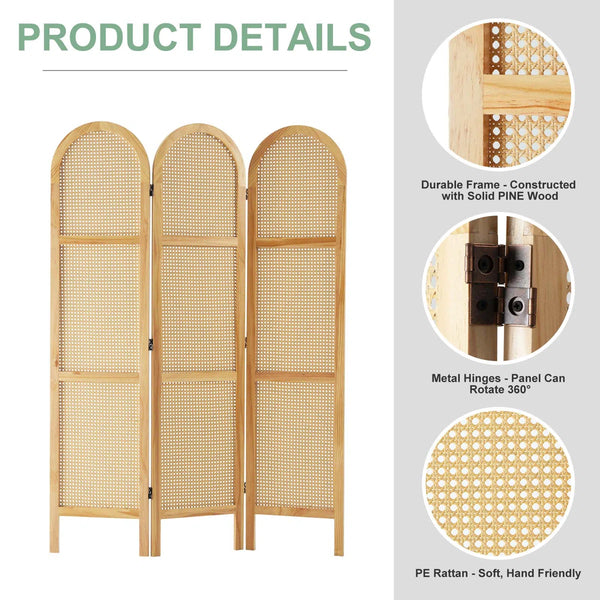 5.6 ft. Pine Wood & Hand-Woven Rattan Folding Room Divider  Wooden Bazar