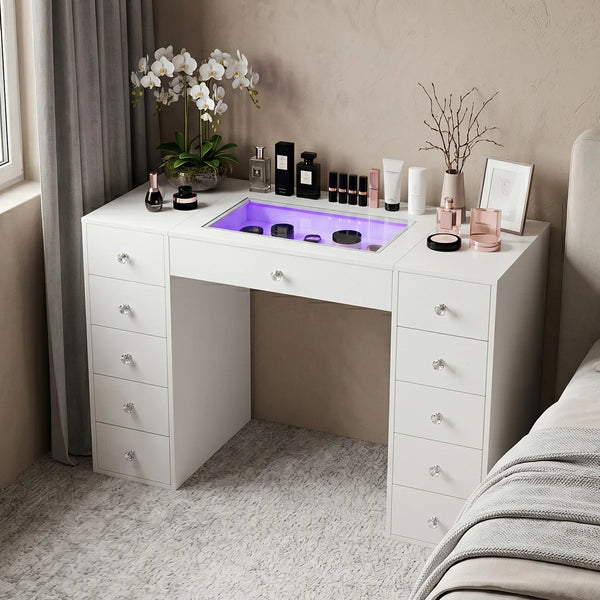 51'' Makeup Vanity Desk with Lights LED RGB  Wooden Bazar