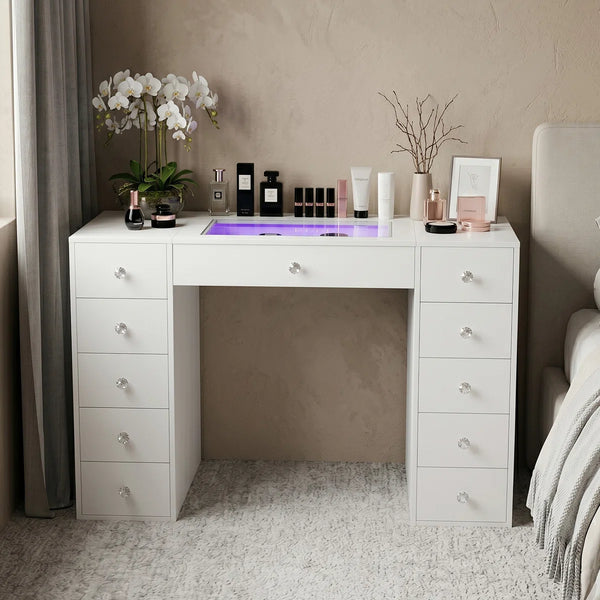 51'' Makeup Vanity Desk with Lights LED RGB  Wooden Bazar