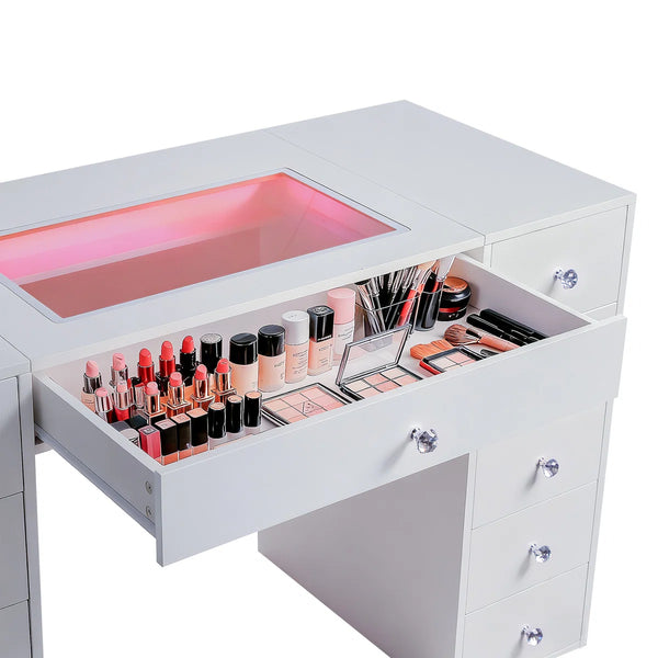 51'' Makeup Vanity Desk with Lights LED RGB  Wooden Bazar