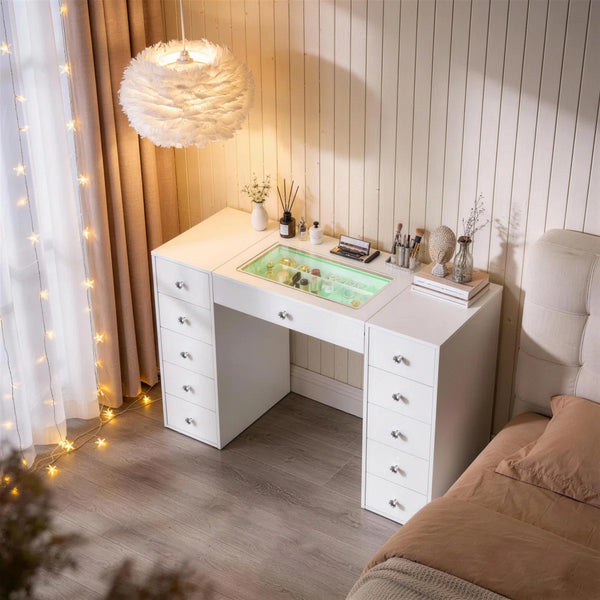 51'' Makeup Vanity Desk with Lights LED RGB  Wooden Bazar