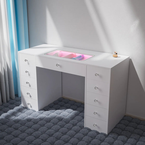 51'' Makeup Vanity Desk with Lights LED RGB  Wooden Bazar