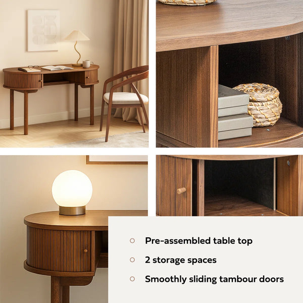 51'' Small Wood Writing Desk and Makeup Vanity Desk with Storage and Sliding Doors - Narrow Computer and Work Table for Home Office, Modern Vanity, Dressing Table for Bedroom (Walnut)  Wooden Bazar