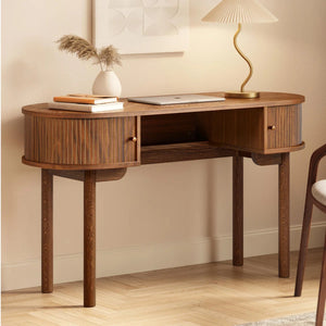 51'' Small Wood Writing Desk and Makeup Vanity Desk with Storage and Sliding Doors - Narrow Computer and Work Table for Home Office, Modern Vanity, Dressing Table for Bedroom (Walnut)  Wooden Bazar