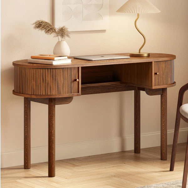 51'' Small Wood Writing Desk and Makeup Vanity Desk with Storage and Sliding Doors - Narrow Computer and Work Table for Home Office, Modern Vanity, Dressing Table for Bedroom (Walnut)  Wooden Bazar