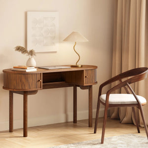 51'' Small Wood Writing Desk and Makeup Vanity Desk with Storage and Sliding Doors - Narrow Computer and Work Table for Home Office, Modern Vanity, Dressing Table for Bedroom (Walnut)  Wooden Bazar