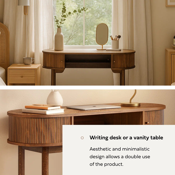 51'' Small Wood Writing Desk and Makeup Vanity Desk with Storage and Sliding Doors - Narrow Computer and Work Table for Home Office, Modern Vanity, Dressing Table for Bedroom (Walnut)  Wooden Bazar