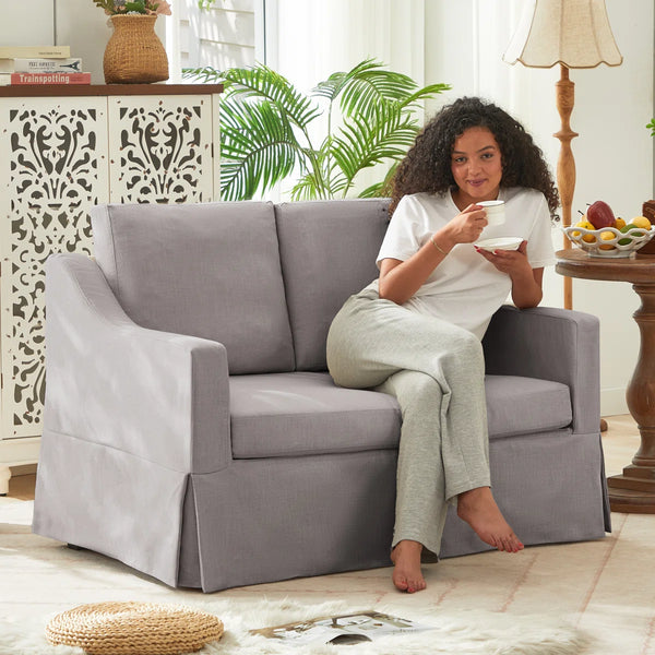 Farmhouse Upholstered Slipcovered Loveseat Sofa - Wooden Bazar