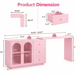 Yokota Extendable Makeup Vanity with 3 Drawers and 2 Acrylic Doors  Wooden Bazar