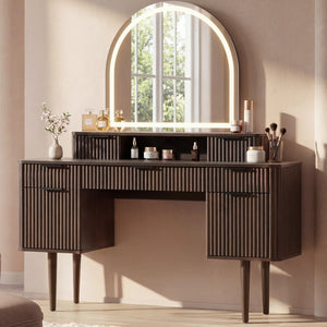55.6" W 7-Drawer Makeup Vanity with Arched Lighted Mirror  Wooden Bazar
