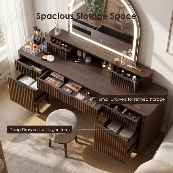 55.6" W 7-Drawer Makeup Vanity with Arched Lighted Mirror  Wooden Bazar