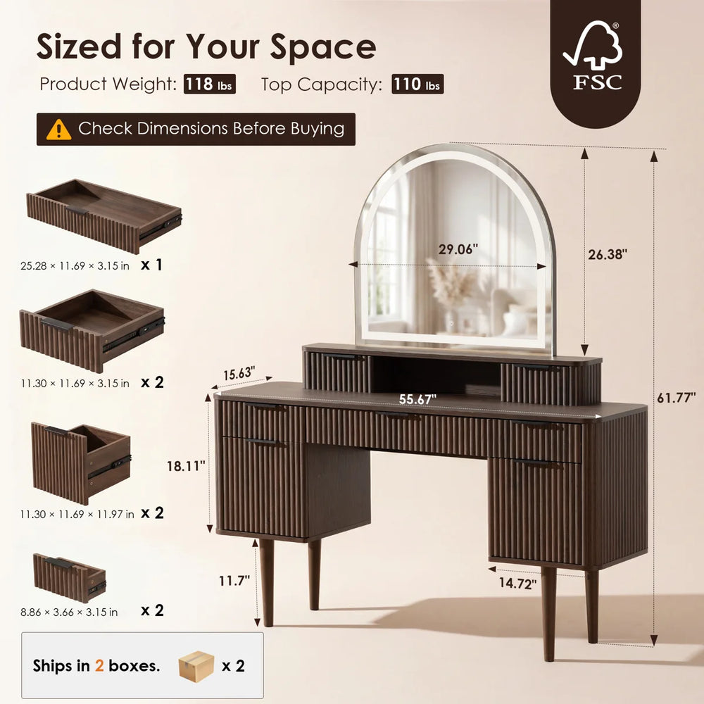 55.6" W 7-Drawer Makeup Vanity with Arched Lighted Mirror  Wooden Bazar