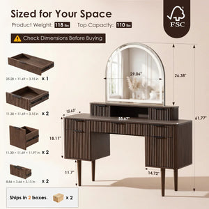 55.6" W 7-Drawer Makeup Vanity with Arched Lighted Mirror  Wooden Bazar